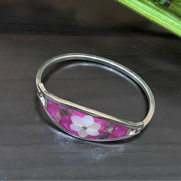 Vintage Alpaca Mexico Mexican Silver Mother of Pearl Inlaid ID Cuff Bracelet - Picture 6 of 13